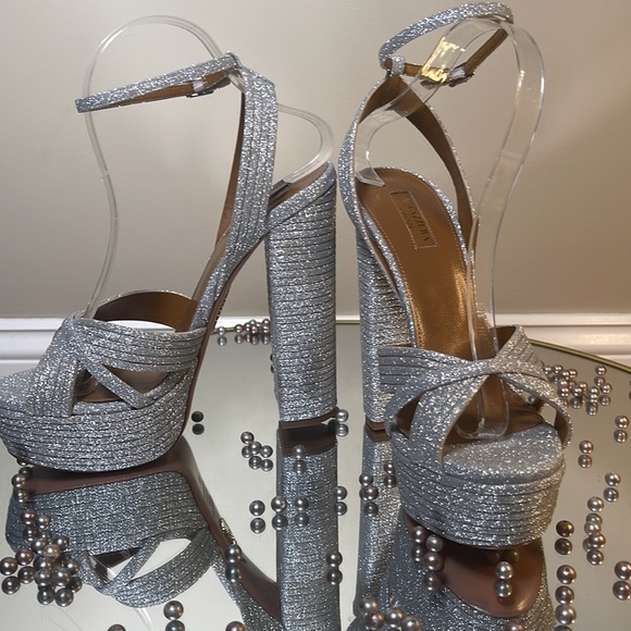 Aquazzura Sundance Silver Glitter Platform Heeled Sandals Sz 39 - Picture 3 of 17